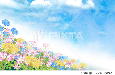 春の花畑の風景　水彩イラスト 72617892