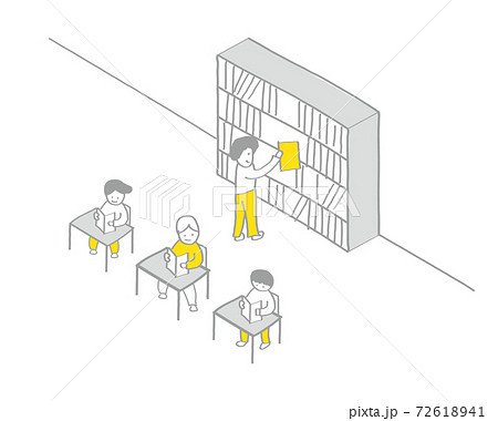 学校生活 シンプルな線画手描きイラスト レイヤーで服の色変え可能 図書室の風景のイラスト素材