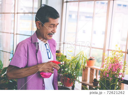 Happy Asian retirement senior is spraying water on plants and flower pot in a greenhouse for hobby at home. 72621262