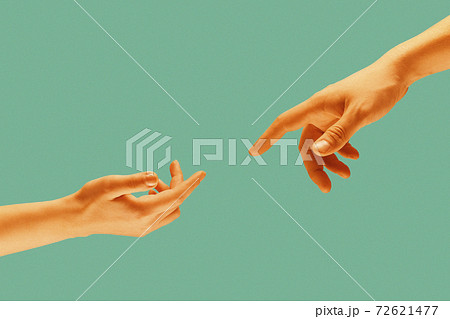 Touch of two hands isolated on light green background. Modern art collage. 72621477