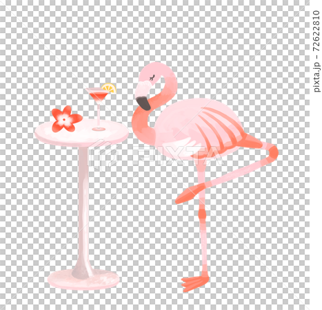 片足で立つおしゃれなフラミンゴとトロピカルバーイメージ ブルメリアのイラスト素材