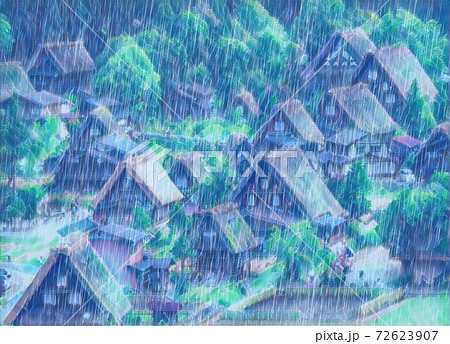 白川郷合掌造り集落に雨のイラスト素材