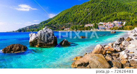 Best of Skopelos island - picturesque village Neo Klima and Hovolos beach. Sporades, Greece Best of Skopelos island - picturesque village Neo Klima and Hovolos beach. Sporades, Greece 72626483