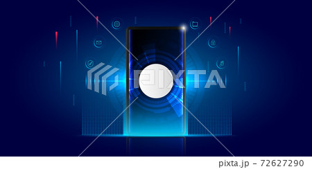 Concept dark blue technology background with smartphone, application icon and futuristic element. 72627290