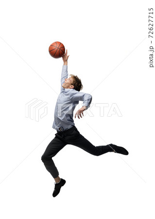 Happy young man dancing in casual clothes or suit, remaking legendary moves of celebrity from culture history 72627715