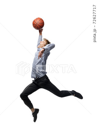 Happy young man dancing in casual clothes or suit, remaking legendary moves of celebrity from culture history 72627717