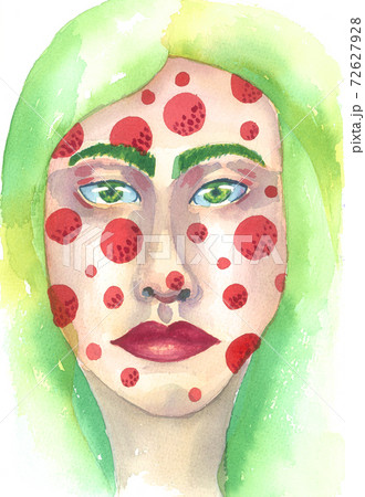 Stylized girl in sketch-style, watercolor illustration, green hair and red spots, cartoon character portrait 72627928