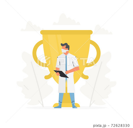 The doctor stands in front of gold trophy cup. Choose best doctor for consultation. The doctor stands in front of gold trophy cup. Choose best doctor for consultation. 72628330