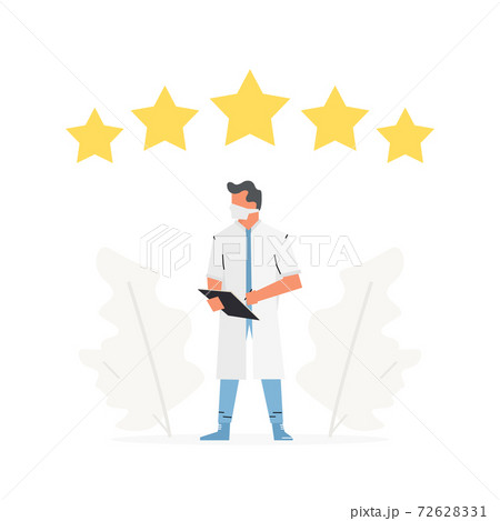 Choose doctor for consultation, five star rating. Medical staff reviews vector illustration. The doctor stands in front of stars. 72628331