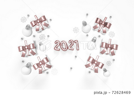 2021 Rose gold metallic happy new year and christmas ball ornaments decoration object group on white background 3d rendering. 3d illustration Pink Golden colored number Festive poster or banner design 72628469