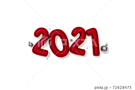 2021 Red metallic happy new year and silver christmas ball ornaments decoration object group on white background 3d rendering. 3d illustration red colored numbers Festive poster or banner design. 72628475