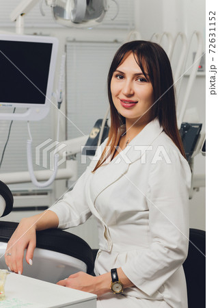 Portrait of attractive smiling female dentist with hands folded. 72631152