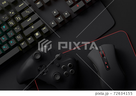 Top view of gamer workspace and gear like mouse, keyboard, joystick, headset Top view of gamer workspace and gear like mouse, keyboard, joystick, headset 72634155