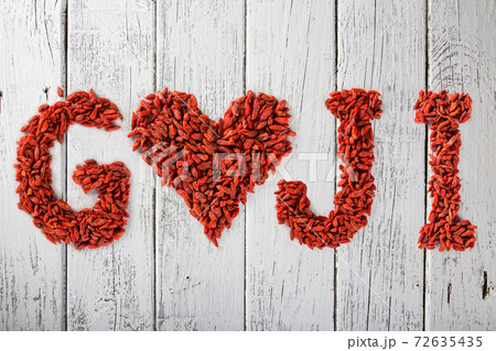 Red goji berries on old wooden table. Red goji berries on old wooden table. 72635435