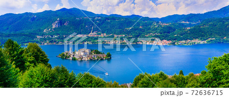 Beautiful lakes of Italy - lago d'Orta and small pictorial island Orta san Giulio. Piedmont. 72636715