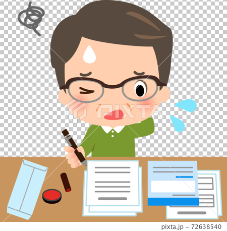 たくさんの書類の記入に手こずる中年男性 72638540