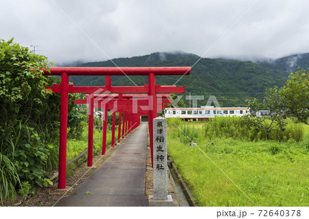 【島根県】出雲市鉄道風景 一畑電車と粟津稲生神社の鳥居 72640378