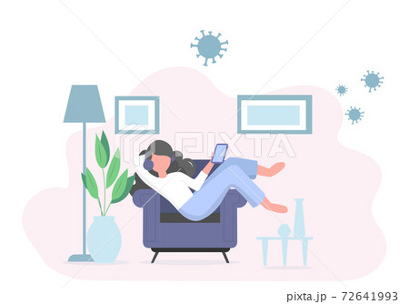 Young women work at home to prevent the spread of the coronavirus. 72641993