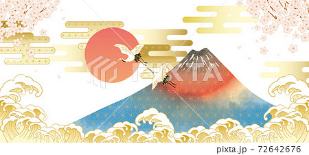 富士山や桜のある日本 東京 の街並みのイラスト素材