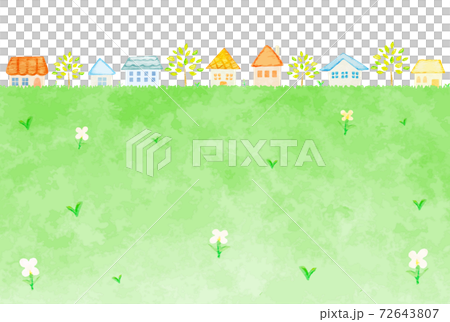 かわいい手描きの街並みと野原の風景イラストのイラスト素材