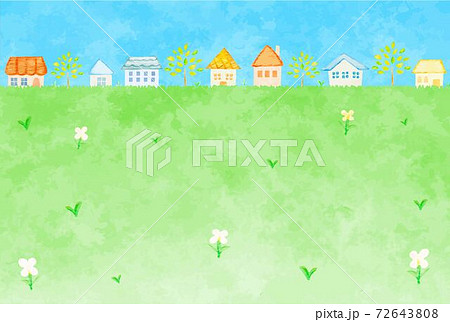 手描きの街並みと野原の風景イラストのイラスト素材