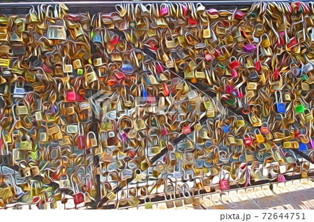 Digital painting that represents a glimpse of one of the bridges in Paris covered with love locks Digital painting that represents a glimpse of one of the bridges in Paris covered with love locks 72644751