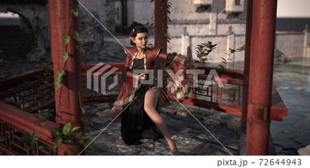 Woman from China Posing Dance and Fighting Figures in Chinese Pavilion with Chinese Landscape Background. 3d rendering, 3d illustration, 3d art. 72644943