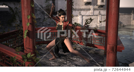 Woman from China Posing Dance and Fighting Figures in Chinese Pavilion with Chinese Landscape Background. 3d rendering, 3d illustration, 3d art. 72644944