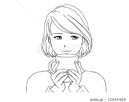 ホットドリンクを持つ女性の線画(そらし目)のイラスト素材 [72645409