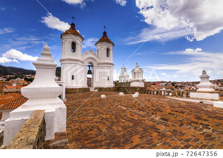 Rooftop of the Felipe Neri church at sunset in the city of Sucre, Bolivia. 72647356