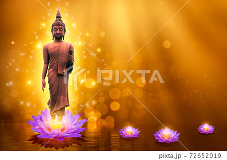 Buddha statue water lotus Buddha standing on lotus flower on orange background 72652019