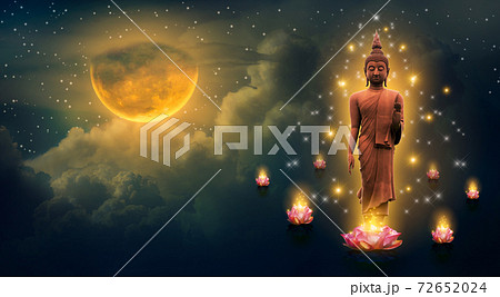 Buddha standing on a lotus in the sky at night The big moon is the background 72652024