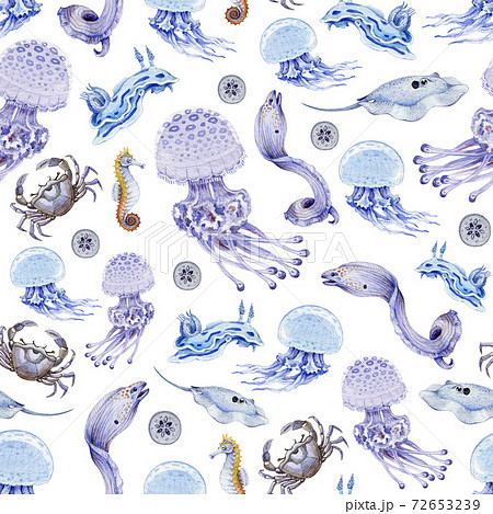 Underwater Sea Creatures Seamless Pattern Hand のイラスト素材