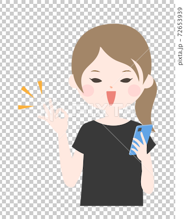 A young woman holding a smartphone and smiling and signing OK Upper body [no main line] 72653939