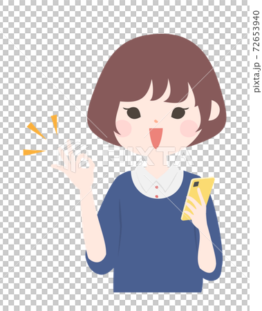 A young woman holding a smartphone and smiling and signing OK Upper body [no main line] 72653940