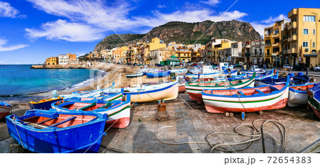 Traditional fishing village Aspra with colorful boats in Sicily. Italy 72654383