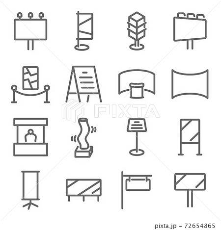 Outdoor Exhibition icon illustration vector set. Contains such icons as Advertising, booth, counter, exhibitions, backdrop, event, sky tube, and more. Expanded Stroke 72654865