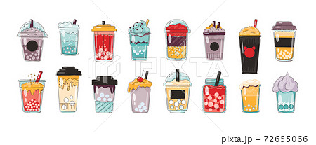 Doodle bubble drink. Beverages in plastic cups and glass jars with straws. Collection of ice tea and cocktails. Mugs with carbonated liquid with pearls. Menu decoration, vector set 72655066