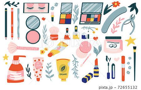 Cartoon cosmetic. Doodle hand drawn beauty products. Shampoo and lotion, mascara or lipstick. Collection for makeup and body care. Eyeshadow palette and nail polish, vector minimal set 72655132