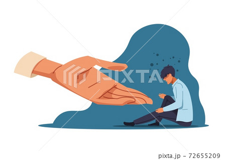 Human help. Anxiety person in depression and supporting hand. Confused man sitting on the floor. Mental health and human empathy. Psychological or psychiatric therapy, vector concept 72655209
