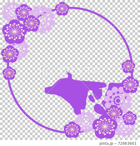 牛のシルエットと梅の花の飾りフレームのイラスト素材