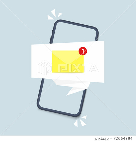 Smartphone with notification icon on screen. Icon new message on mobile phone screen. Mobile notification, email application. Vector illustration in flat style. 72664394