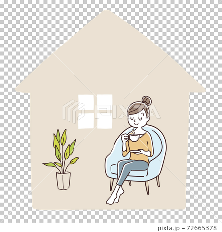 ベクターイラスト素材：おうち時間、ステイホーム、家で過ごす女性の