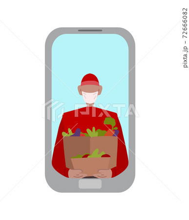 Online food ordering. Food delivery to quarantine. Mobile app for online shopping. Delivery guy in a mask with food in a mobile phone. Vector flat illustration Online food ordering. Food delivery to quarantine. Mobile app for online shopping. Delivery guy in a mask with food in a mobile phone. Vector flat illustration 72666082