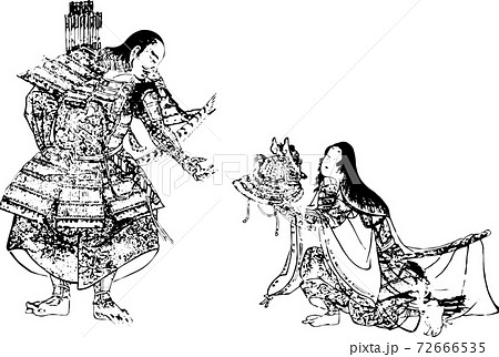 甲冑姿の武士に兜を差し出す女性 72666535