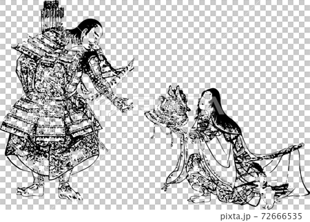 甲冑姿の武士に兜を差し出す女性 72666535