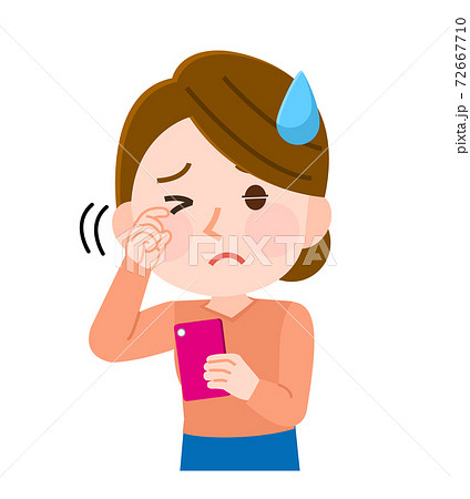 スマホによる眼精疲労　かすみ目　女性　イラスト 72667710
