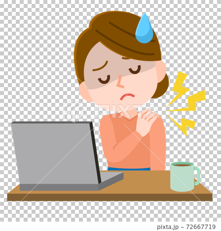 肩こり　女性　リモートワークによる不調　イラスト 72667719