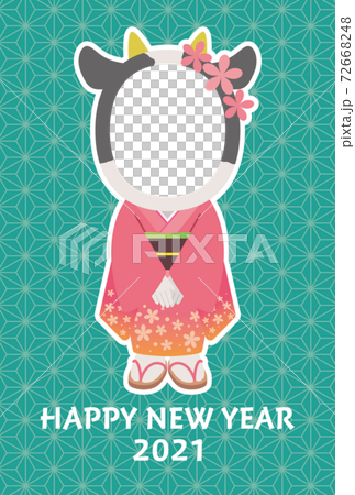 Photo frame of a cow wearing furisode New Year's card (hemp leaf pattern) Photo frame of a cow wearing furisode New Year's card (hemp leaf pattern) 72668248