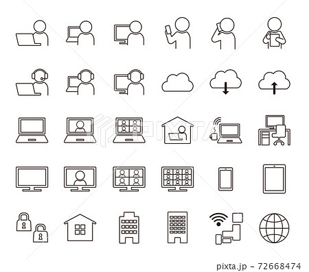 テレワークシンプル線画アイコンセット/白黒 72668474